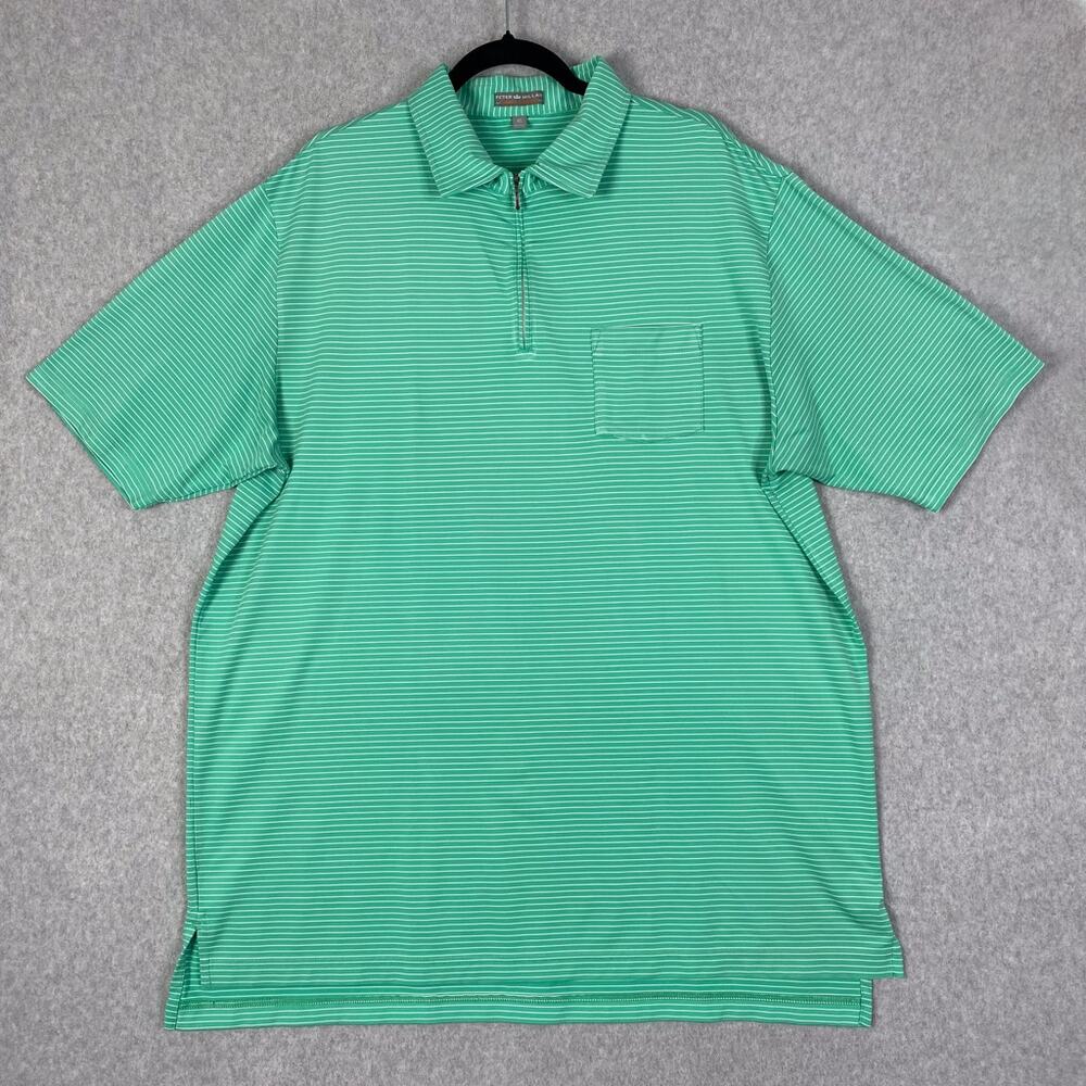 Peter Millar Summer Comfort Mens XL Green White Striped 1/4 Zip Polo Shirt